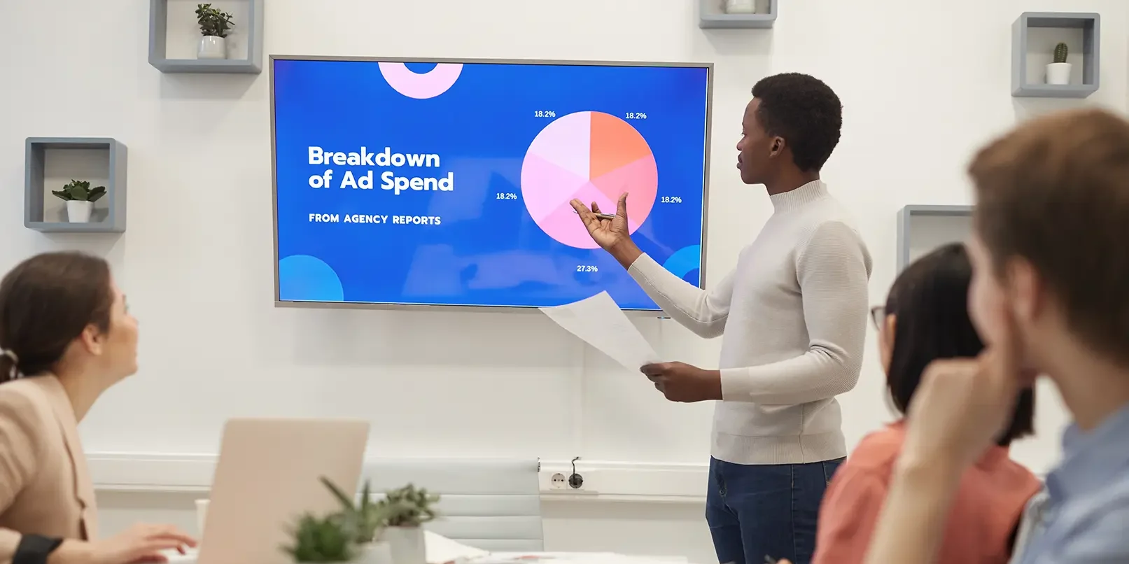 team of coworkers discussing digital advertising strategy in meeting