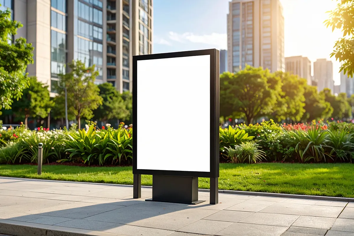 Dooh billboard on sidewalk with tall buildings in background