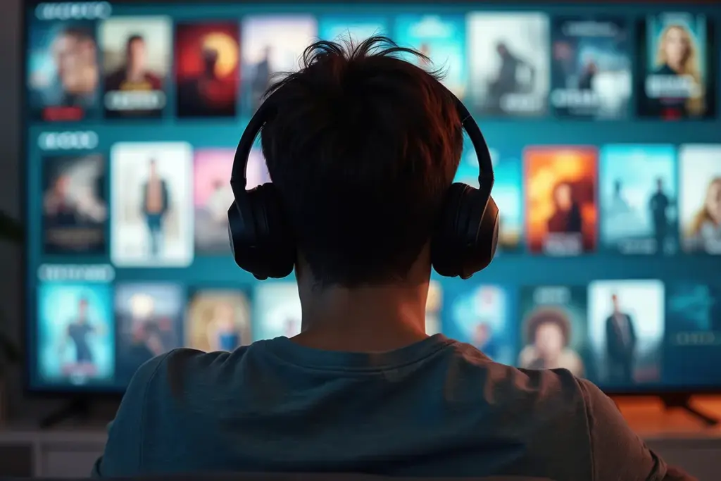 Man looking at big monitor with headphones on choosing podcast